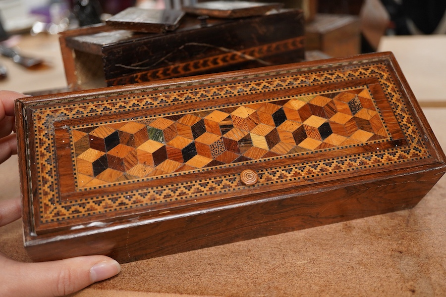 Tunbridge ware - two cribbage board boxes, a sewing box with accessories and another box, largest 26cm wide